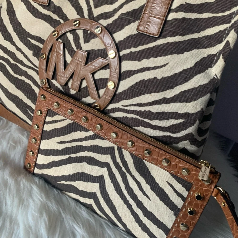 Michael Kors Zebra Print Tote and Clutch Set - Brown